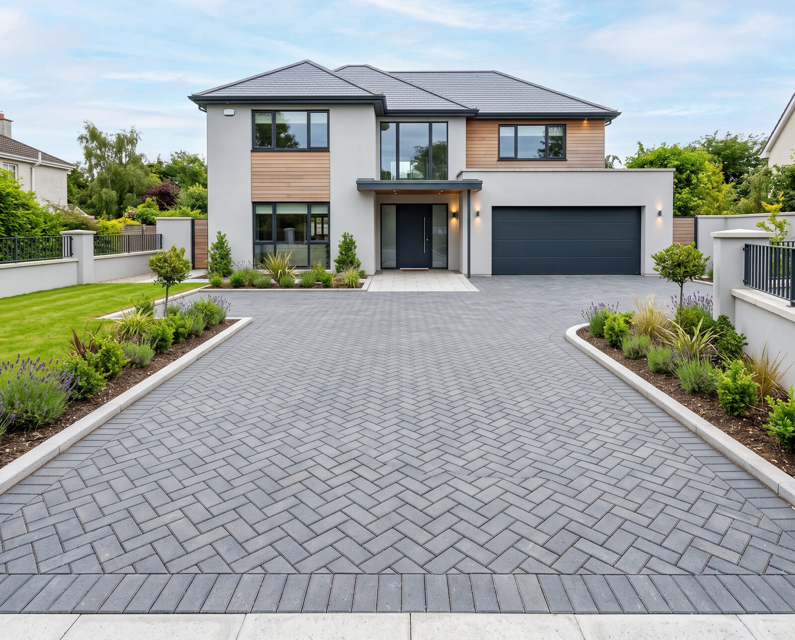 Herringbone block paving driveway in front of a modern rendered house, with planted borders